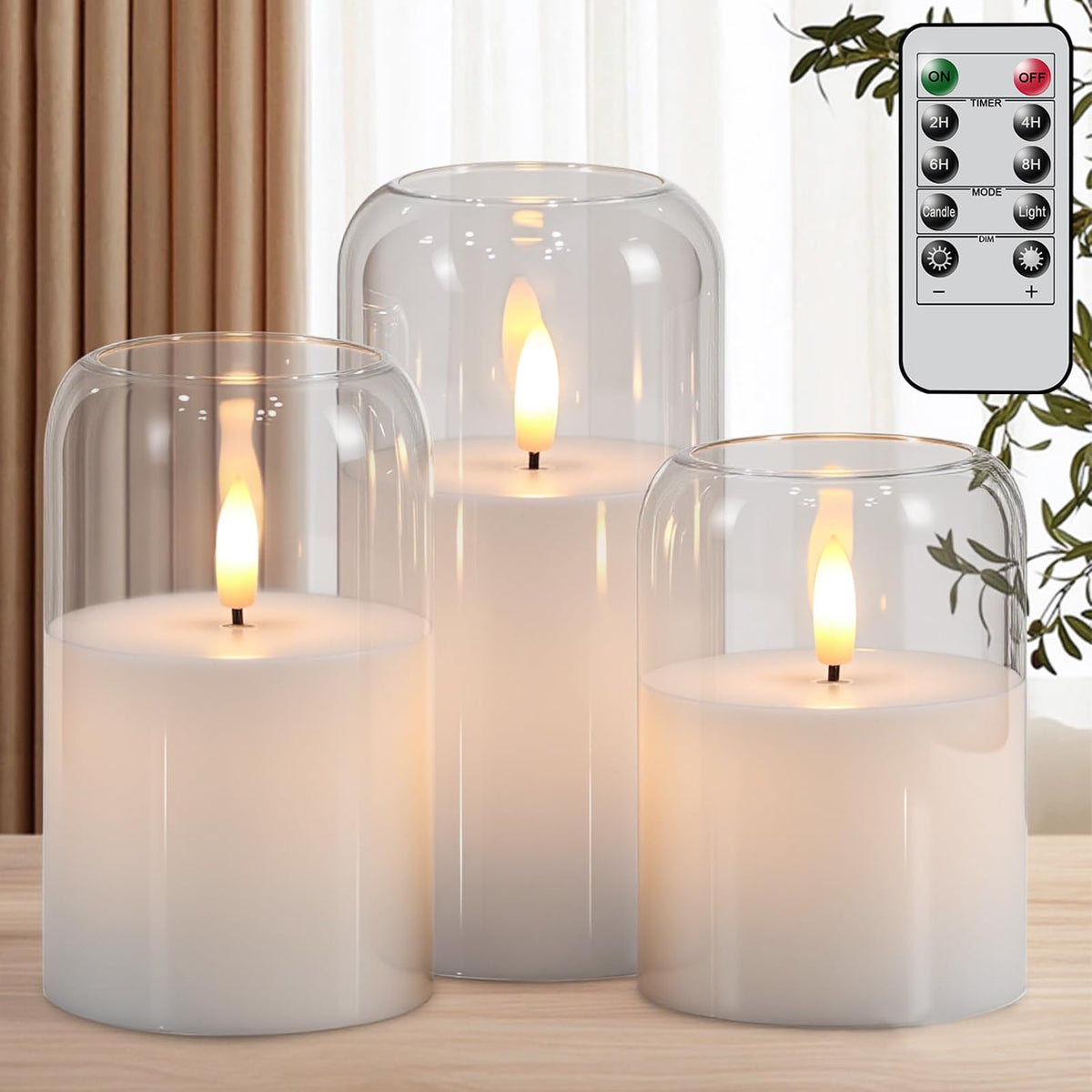 KunSwenn Glass Flameless Candles with Remote, Set of 3 Battery Operated Candles Flickering with Real Wax and 3D Wick, LED Pillar Candle for Home Halloween Christmas Decor(Clear, D3”xH4”5”6”)
