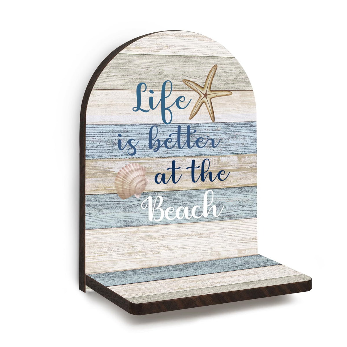 GWFSJYU Coastal Beach Arched Wall Shelf Decor, Nautical Theme Wooden Floating Shelves, Life is Better at the Beach Gifts Hanging Wall Shelves Decor for Bathroom Living Room Kitchen, 9.45x7.09In