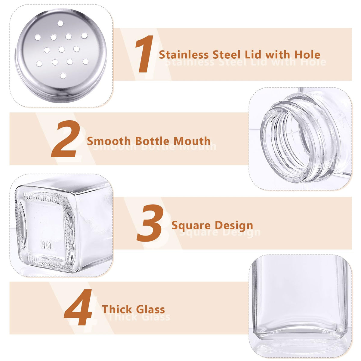 Bokon 48 Pack Glass Salt Shaker Bulk with Stainless Lids Tops 2.7oz Small Spice Shaker for Kitchen Restaurants and Catering Wedding Party Supplies (Classic)