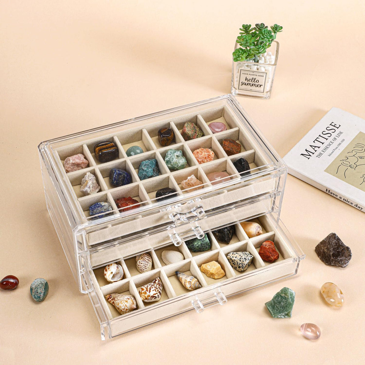 CLUQMEIK Acrylic Rock Collection Display Case with 54 Grids Storage Compartments Rock Collection Boxes Display Organizer Collection Storage Display Cases for Collectibles Crystal /Rock（Beige）