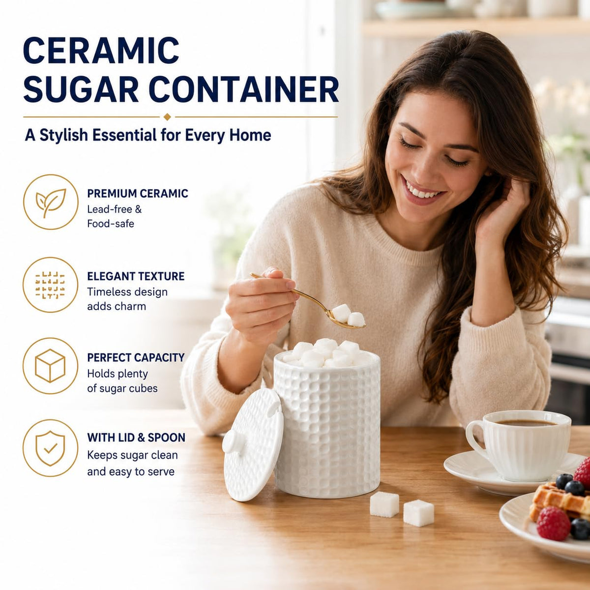 Seworlan Ceramic Sugar Bowl with Lid and Gold Spoon, 16 oz Large Sugar Container for Coffee Bar, Modern Farmhouse Decorative Sugar Holder for Salt, Spice & Seasonings, Dishwasher Safe, White