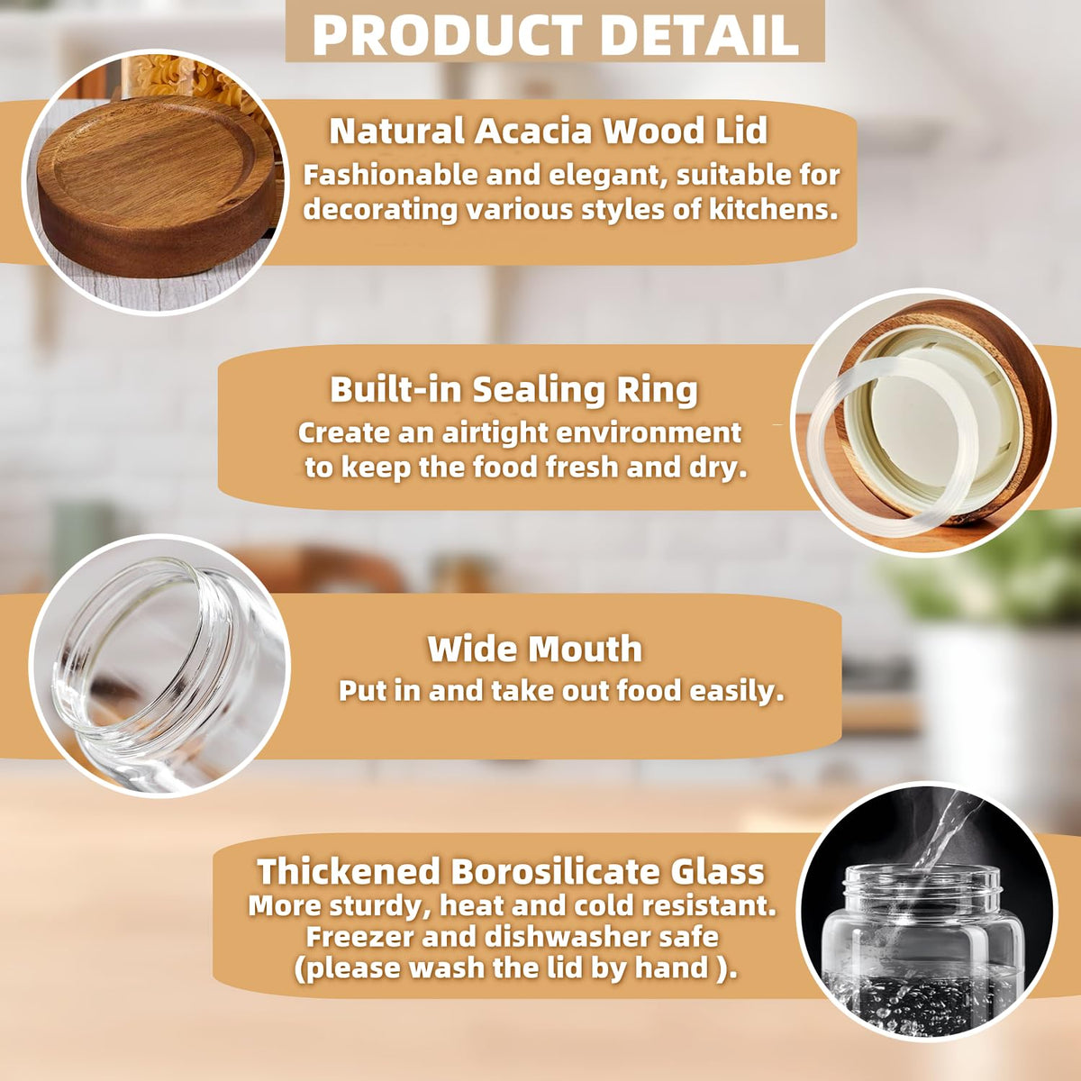 17 Fl oz/500 ml Glass Food Storage Jar, Premium Clear Glass Container Jar with Airtight Screw-on Wooden Lid, Kitchen Canisters for Coffee,Tea,Pasta,Cookies, Nuts,Spice,Candy,Overnight Oatmeal（Small)