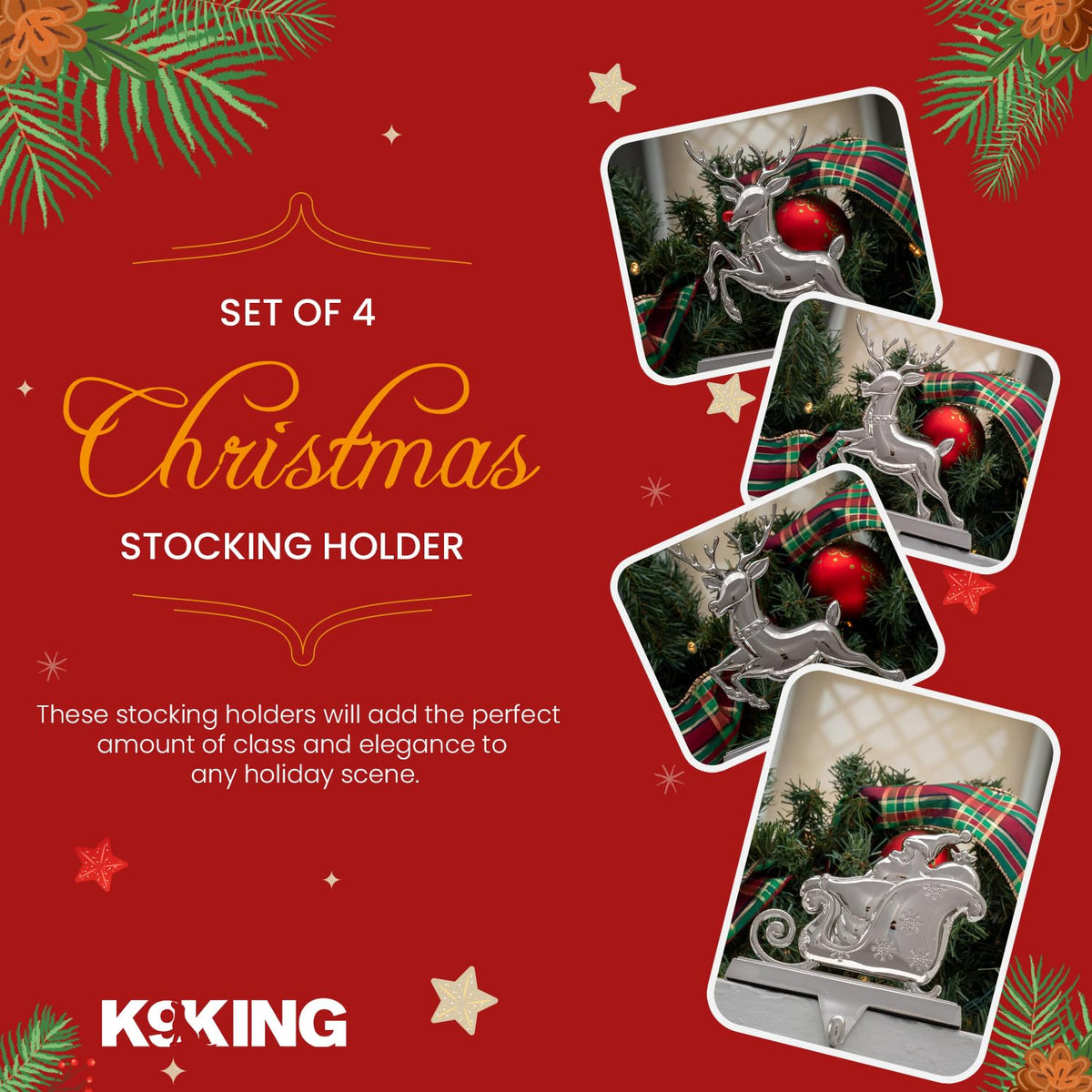 K9King Christmas Stocking Holder Set of 4 - Santa’s Sleigh Rudolph The Red Nose Reindeer Christmas Decorations Decorative Metal Hanger for Stockings Holiday Mantle Decor