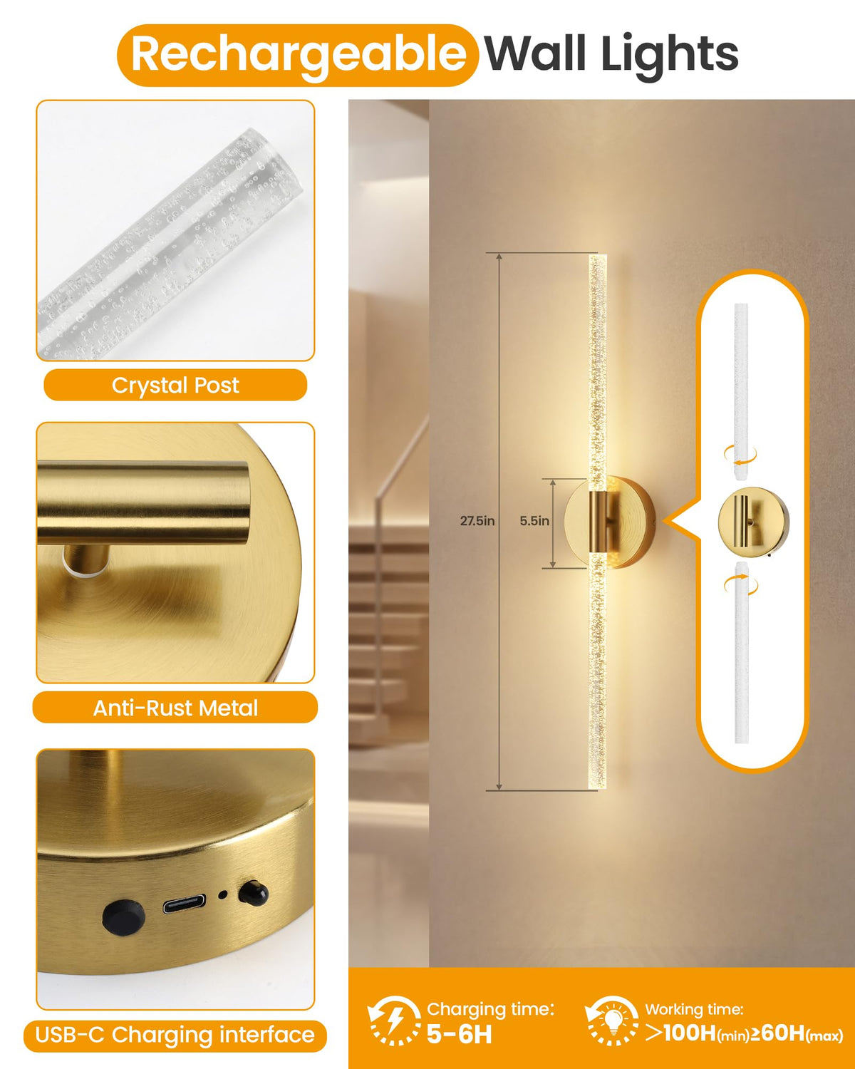 NIORSUN Crystal-Inspired Bubble Battery Operated Wall Sconce Set of 2, 10000mAh 3 Color Temps Rechargeable Wall Lights with Remote, Dimmable Wireless Wall Lamp for Living Room Bedroom