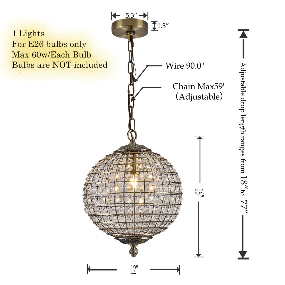 Macarena Gold Vintage Crystal Globe Chandelier 12" Round Antique Bronze Retro Pendant Hanging Light Fixture for Dining Room Kitchen Island Bedroom Hallway Entryway Foyer Bathroom Closet