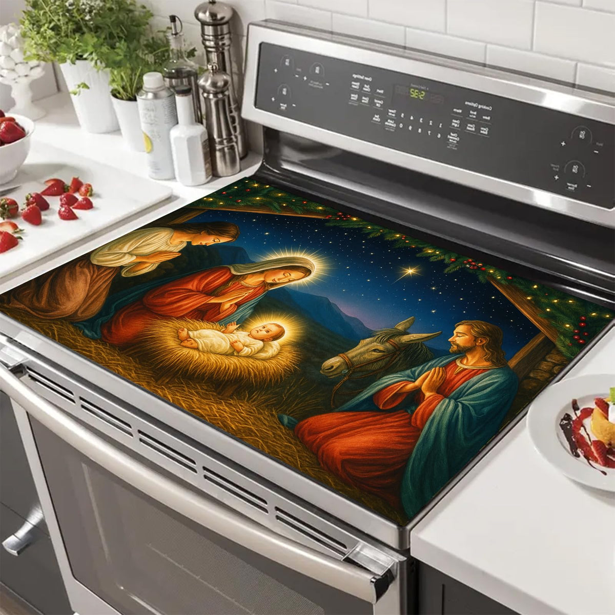 HOMETITUTE Nativity Scene Stove Top Cover 28x20 Inch Glass Top Protector Christmas Religious Kitchen Counter Mat Heat Resistant Silicone Cooktop Cover Holiday Decoration