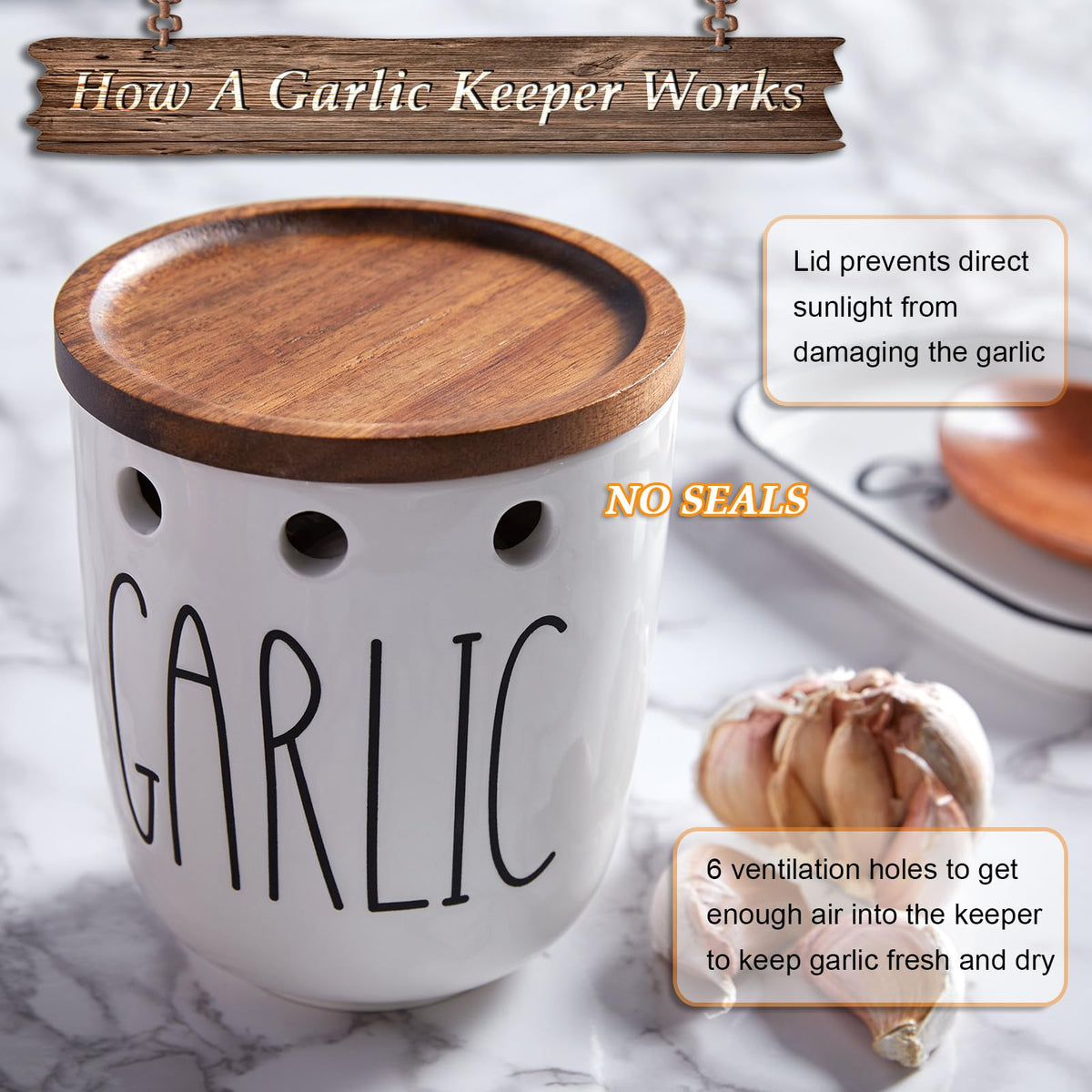 DAYYET Garlic Keeper for Counter, Ceramic Garlic Keeper with Non-Sealed Acacia Wood Lid, Garlic Holder Storage Container to Keep Your Garlic Cloves Fresh Longer, Garlic Saver for Kitchen, White