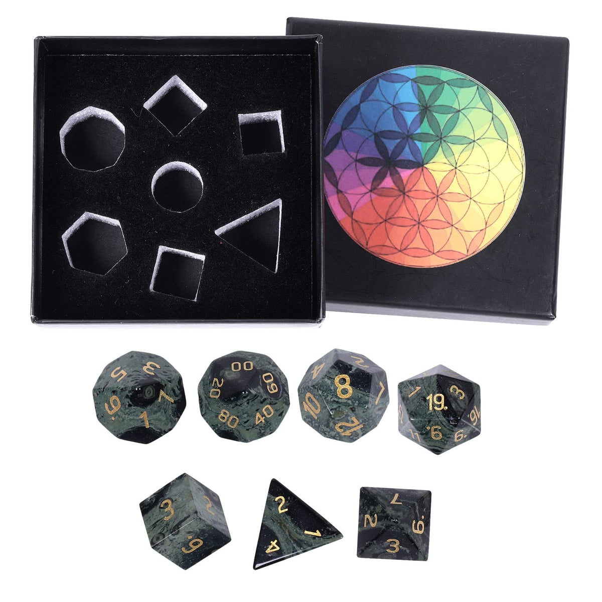 mookaitedecor 7 PCS Kambaba Jasper Crystal Polyhedral DND Dice Set, Polished Tumbled Stones Dices for RPG MTG Table Games Home Decoration