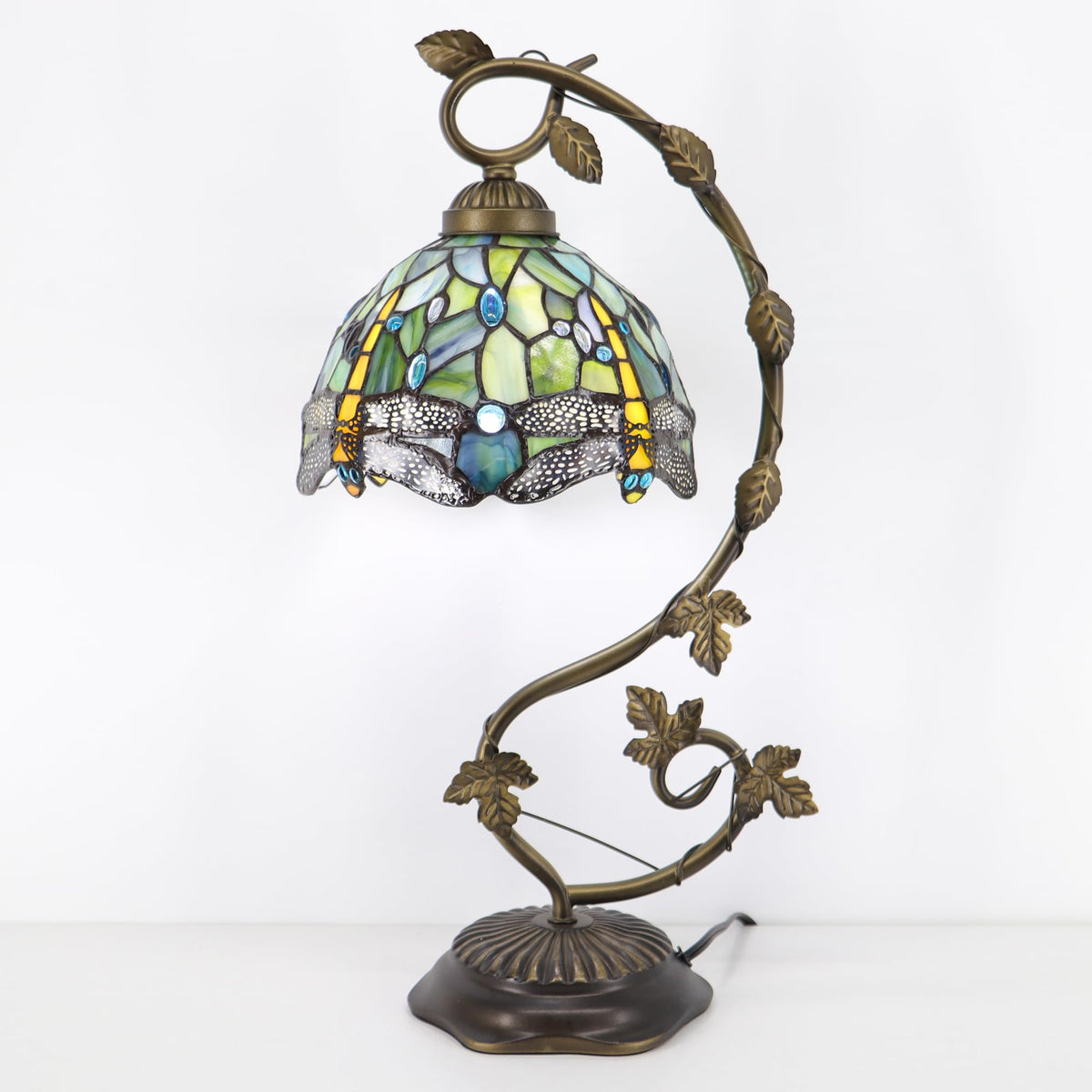 HWDFEI Tiffany Table Lamp, Stained Glass Desk Reading Light,Metal Leaf Table Lamp Base 8X10X21 Inches (Brown Dragonfly)