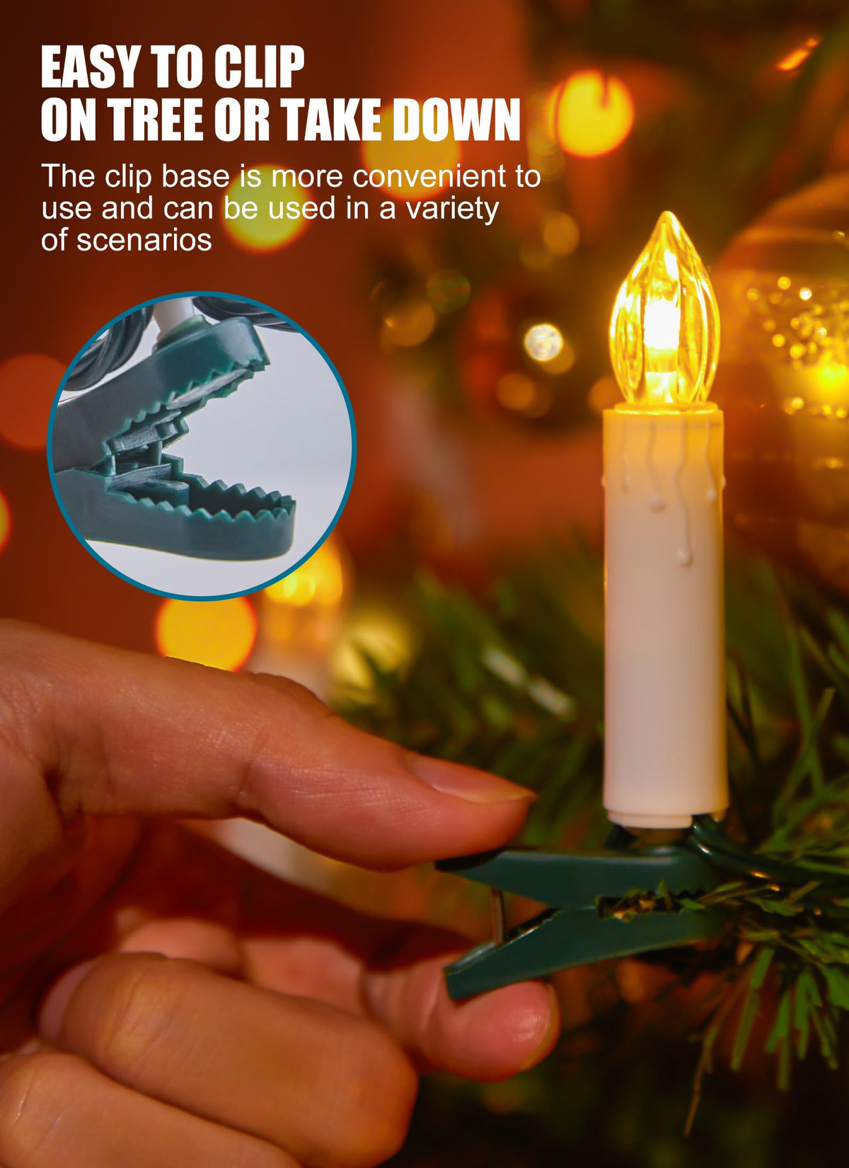 Minetom 50LED Battery Operated Christmas Tree Candles, Flameless 48FT Clip On Lights with 8 Modes, Waterproof Warm White String for Xmas Holiday Wedding Party Home Garden Decor