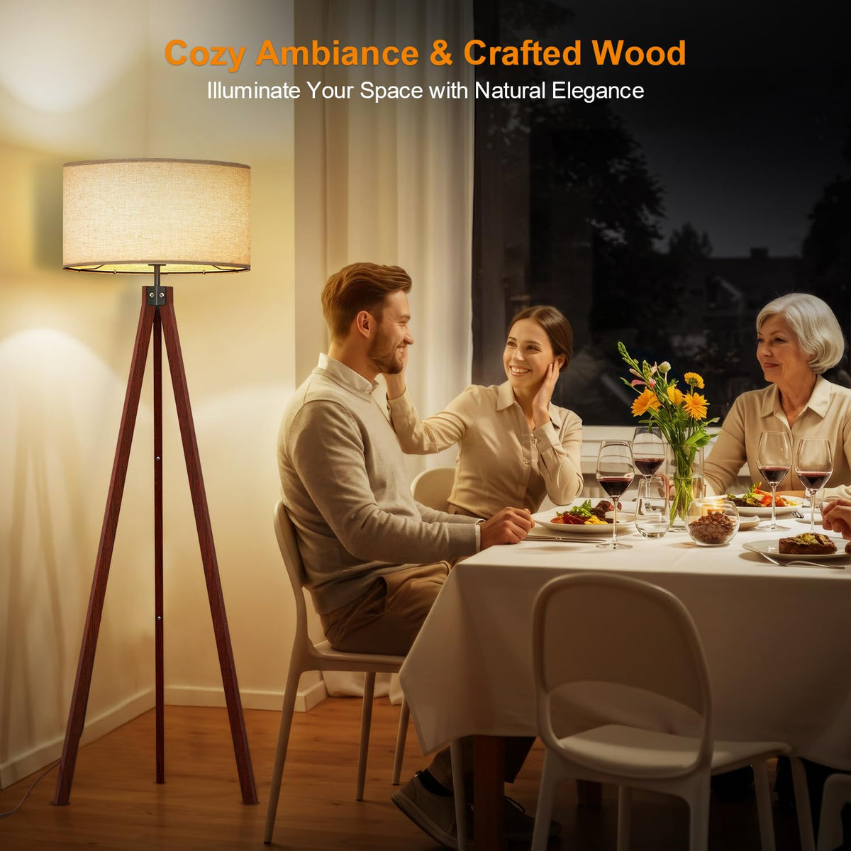 LEPOWER Wood Tripod Floor Lamp, Mid Century Standing Lamp, Modern Design Studying Light for Living Room, Bedroom, Study and Office, Flaxen Linen Shade with E26 Base Brown