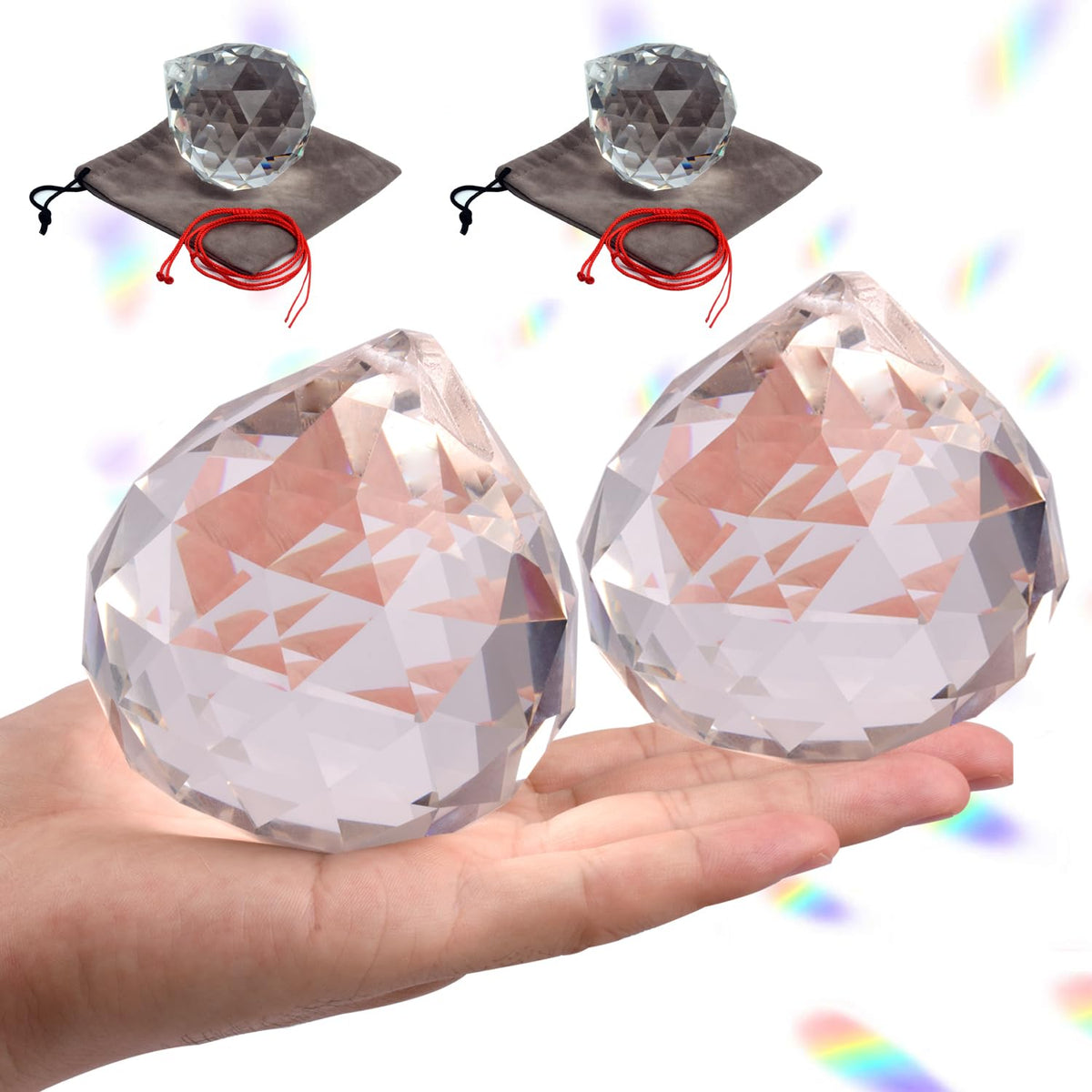 2 Pieces 80mm/3.15 Inch Clear Cut Crystal Prisms Suncatcher,Hanging Rainbow Pendants Glass Sphere Faceted Gazing Ball for Home Décor,Office,Garden Decoration,Super Sparkly and Flawless
