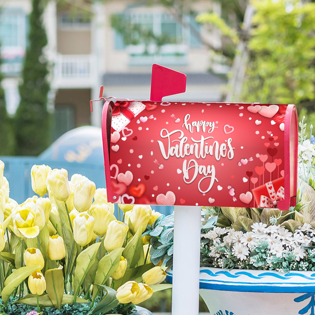 Romantic Valentines Day Mailbox Cover Large Size 25x21in Valentine Decoration Mailbox Covers Magnetic Red Pink Love Hearts Decorative Post Letter Box Wrap Decor for Anniversary Wedding Garden Yard