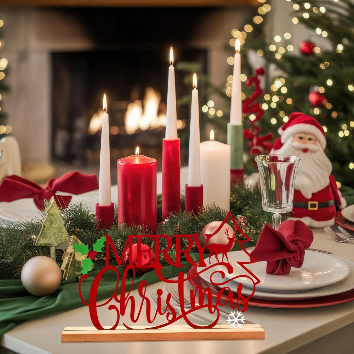 Metal Merry Christmas Table Sign Xmas Tabletop Centerpiece with Wooden Base Freestanding Rustic Tiered Tray Decor for Home Mantel Shelf Fireplace Decoration (Red)
