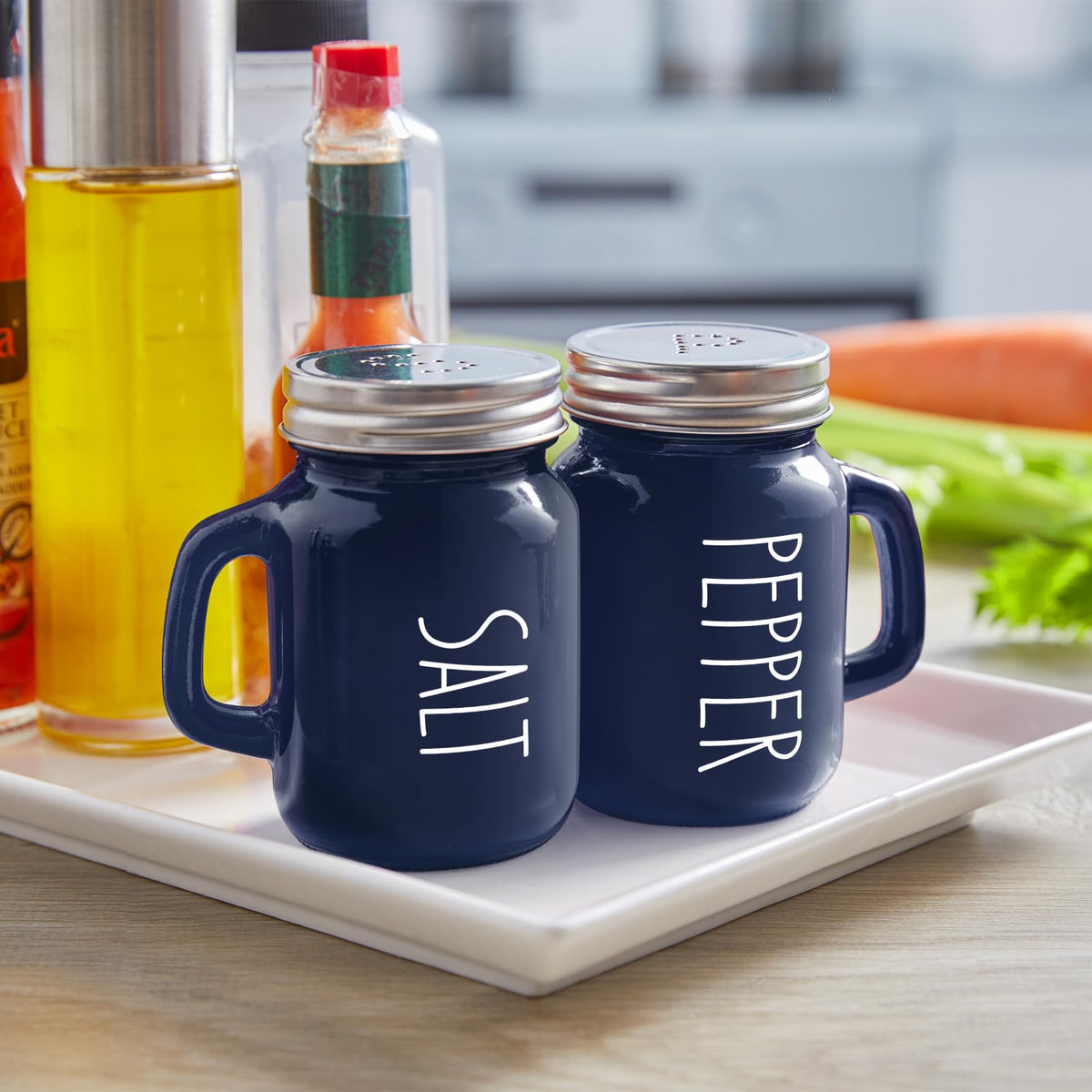 Navy Blue Salt and Pepper Shakers Set, 4 oz Cute Modern Glass Shaker Sets with Stainless Steel Lids, Blue Kitchen Decor and Accessories for Home Restaurants Weddings
