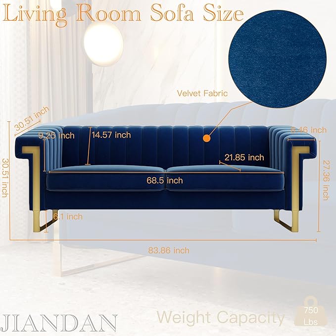 Mid-Century Modern Blue Velvet Sofa