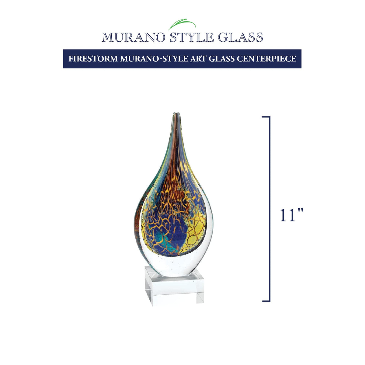 Badash Firestorm Murano-Style Art Glass Teardrop Sculpture Decor, 11 Inch