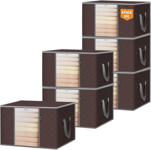 BALEINE 6 Pack Clothes Storage Bags - 24 Gallon Containers with Reinforced Handles & Sturdy Zippers | Brown