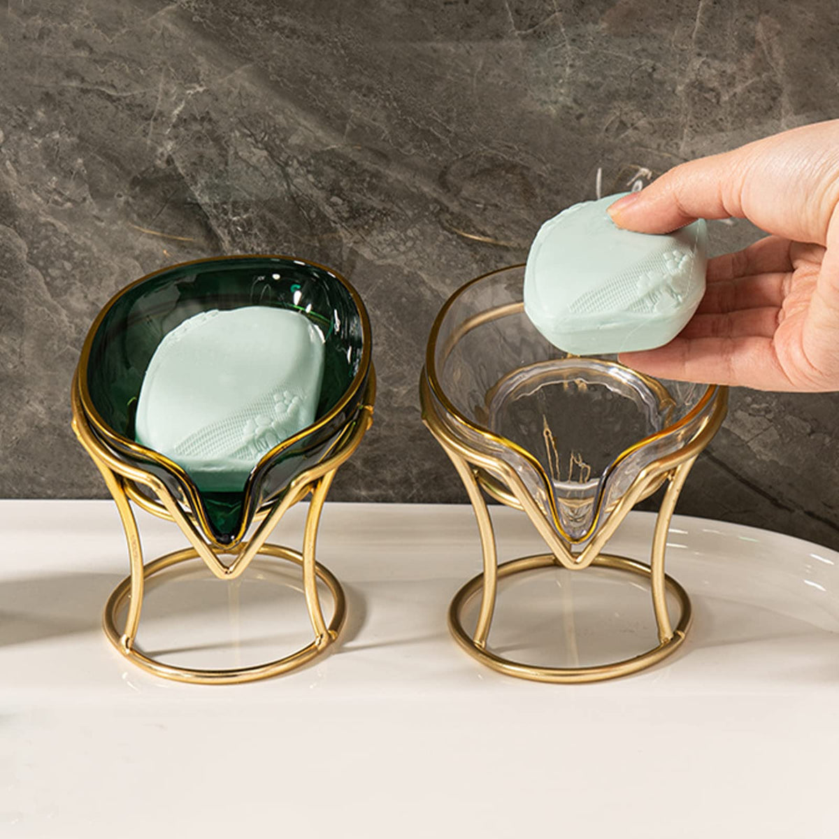 Plcnn Bar Soap Holder Self Draining Soap Dish, Decorative Bathroom Soap Tray with Gold Iron Frame Creative Soap Box for Bathroom, Kitchen Sink Home Gift