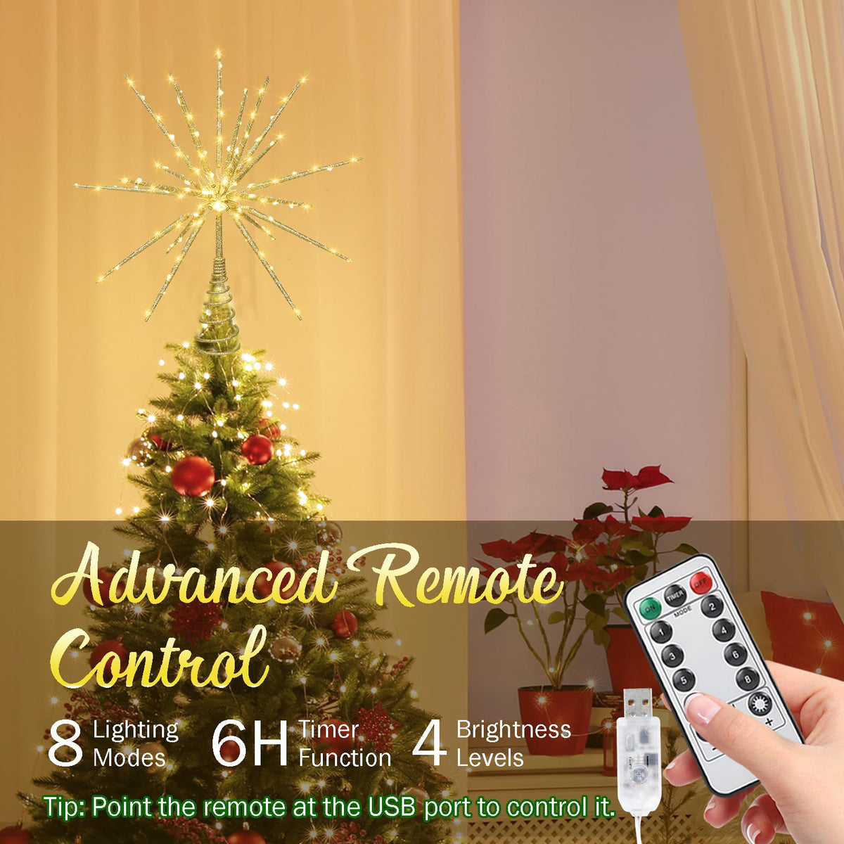 Obralitic 15 Inch Christmas Tree Star Topper with 150 LED Timer Lights & Remote, 19-Point USB Powered Lighted Gold Starburst Star Tree Topper for Indoor Holiday Party Xmas Tree Decor