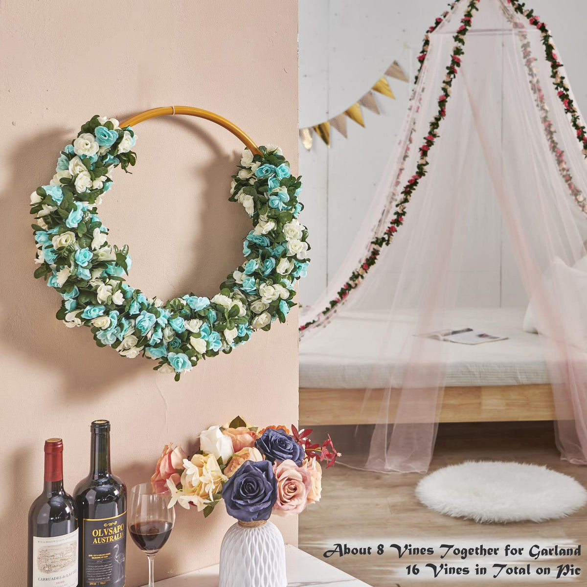 PONKING 8 Pcs x 8.2 ft Flower Garland Artificial Rose Vine Flowers with Green Leaves Hanging Fake Roses Vine for Room Party Home Wedding Birthday Christmas Wall Arch Decor, White Blue Flower