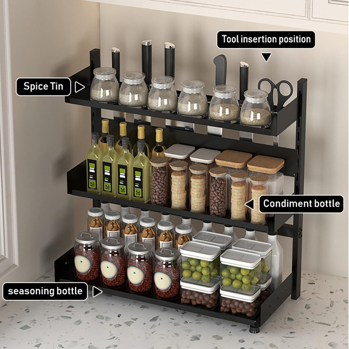 3-Tier Spice Rack Organizer with Knife Holder, Black Metal Counter Storage Shelf, 15.75x15.5x6.69 Inch, Adjustable Height, Detachable Design