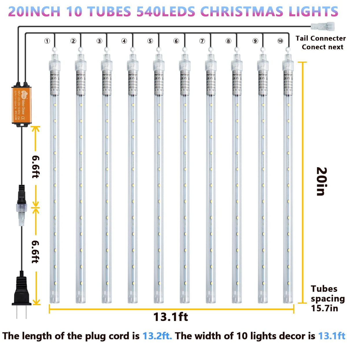 Roytong Meteor Shower Lights - 20 Inch 10 Tube 540 LED High Brightness Falling Rain Icicle Cascading Lights for Xmas Tree Roof Eaves Patio Decor (Can Connect 100 Sets)
