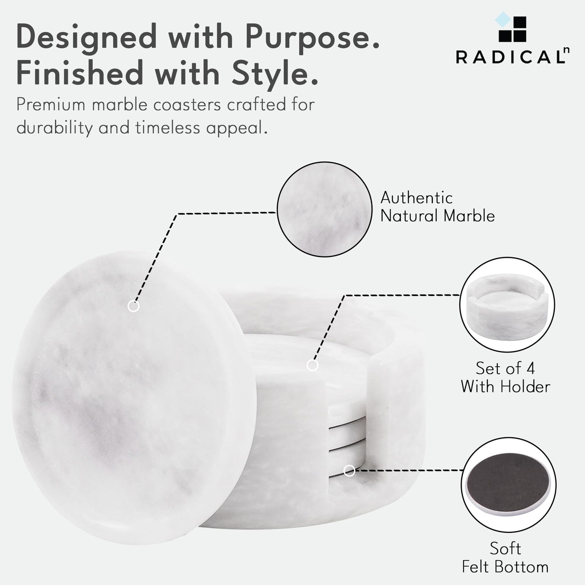 Radicaln White Marble Coasters Set of 4 Handmade 3.5" Inch Round Coasters for Drinks, Elegant Coaster Set with Holder for Dining and Coffee Tables