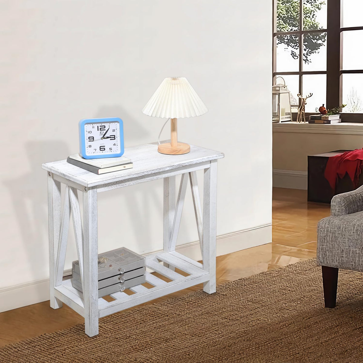 FEUFOAM Farmhouse Narrow End Table Wooden Rustic White Side Tables with Storage Shelves Narrow Sofa Table for Small Spaces Living Room Bedroom Bathroom Dorm