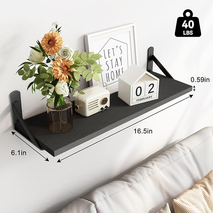 Fixwal Black Shelves for Wall, Wood Wall Mounted Floating Shelves for Bedroom