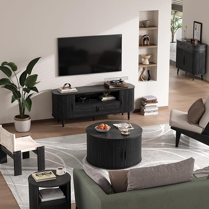 JOINICE 31.5" Black Round Lift Top Coffee Table, Modern Fluted Drum Center Table