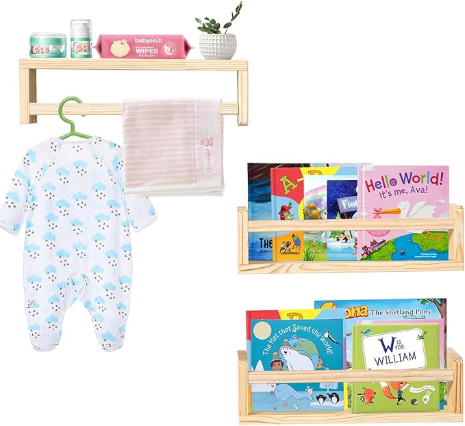 AZSKY Floating Nursery Book Shelves-Natural Wood Bookshelf