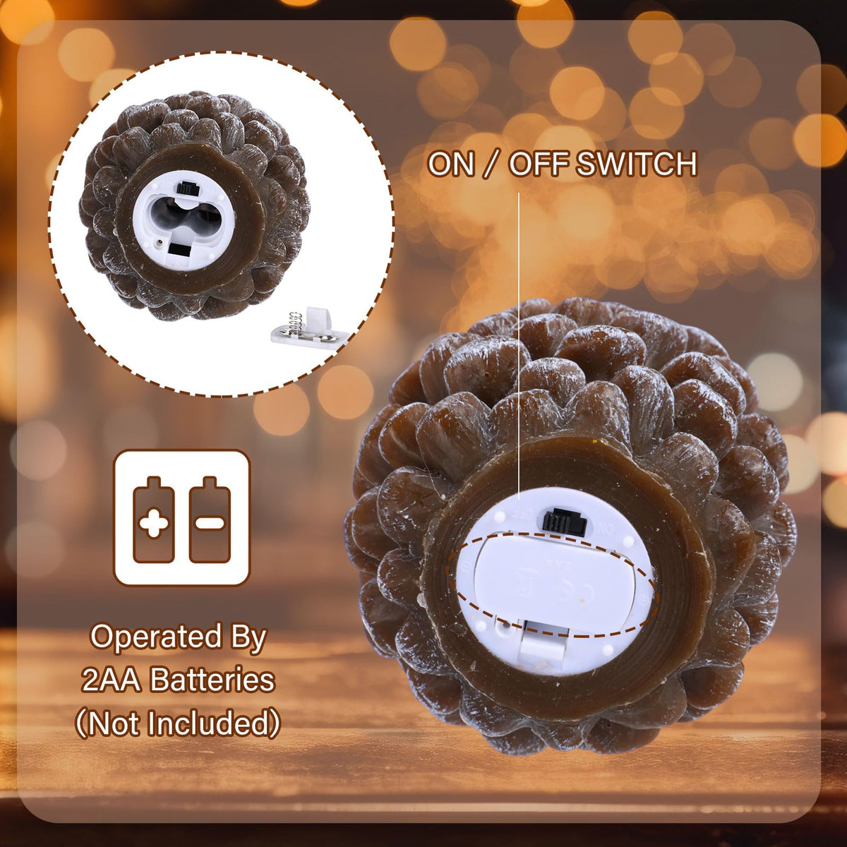 Baquler 3 Pcs LED Pine Cone Candles, Battery Operated, Flameless, Real Wax Pine Cone Candles with LED Flickering for Christmas Party Decoration