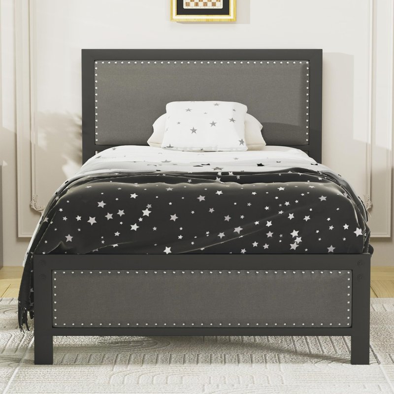 VECELO Twin Size Bed Frame with Upholstered Headboard, Heavy-Duty Platform with Strong Steel Slats, No Box Spring Needed, Easy Assembly, Black&Grey