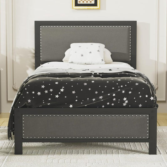 VECELO Twin Size Bed Frame with Upholstered Headboard, Heavy-Duty Platform with Strong Steel Slats, No Box Spring Needed, Easy Assembly, Black&Grey