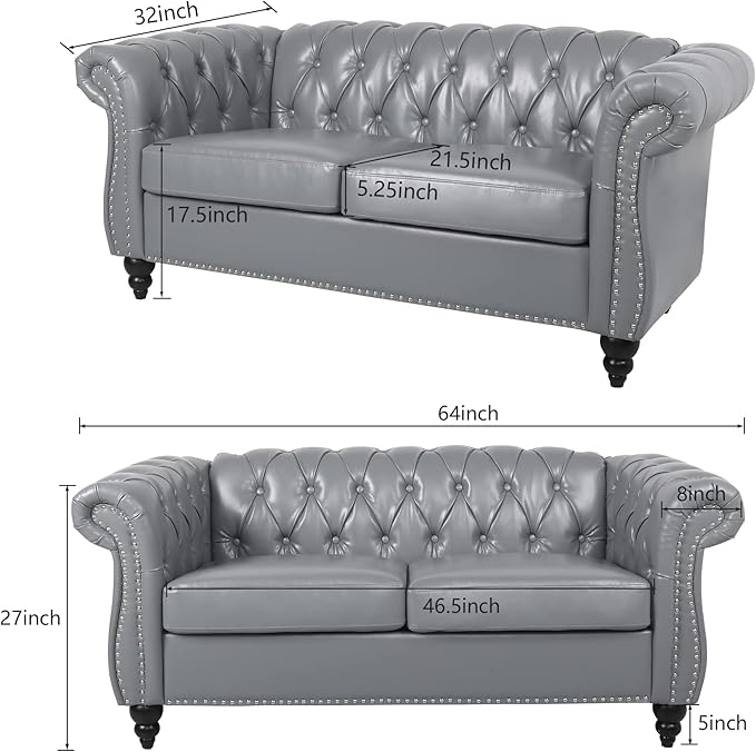 ORRD 2 Piece Living Room Set, Chesterfield Leather Sofa Couch Chair