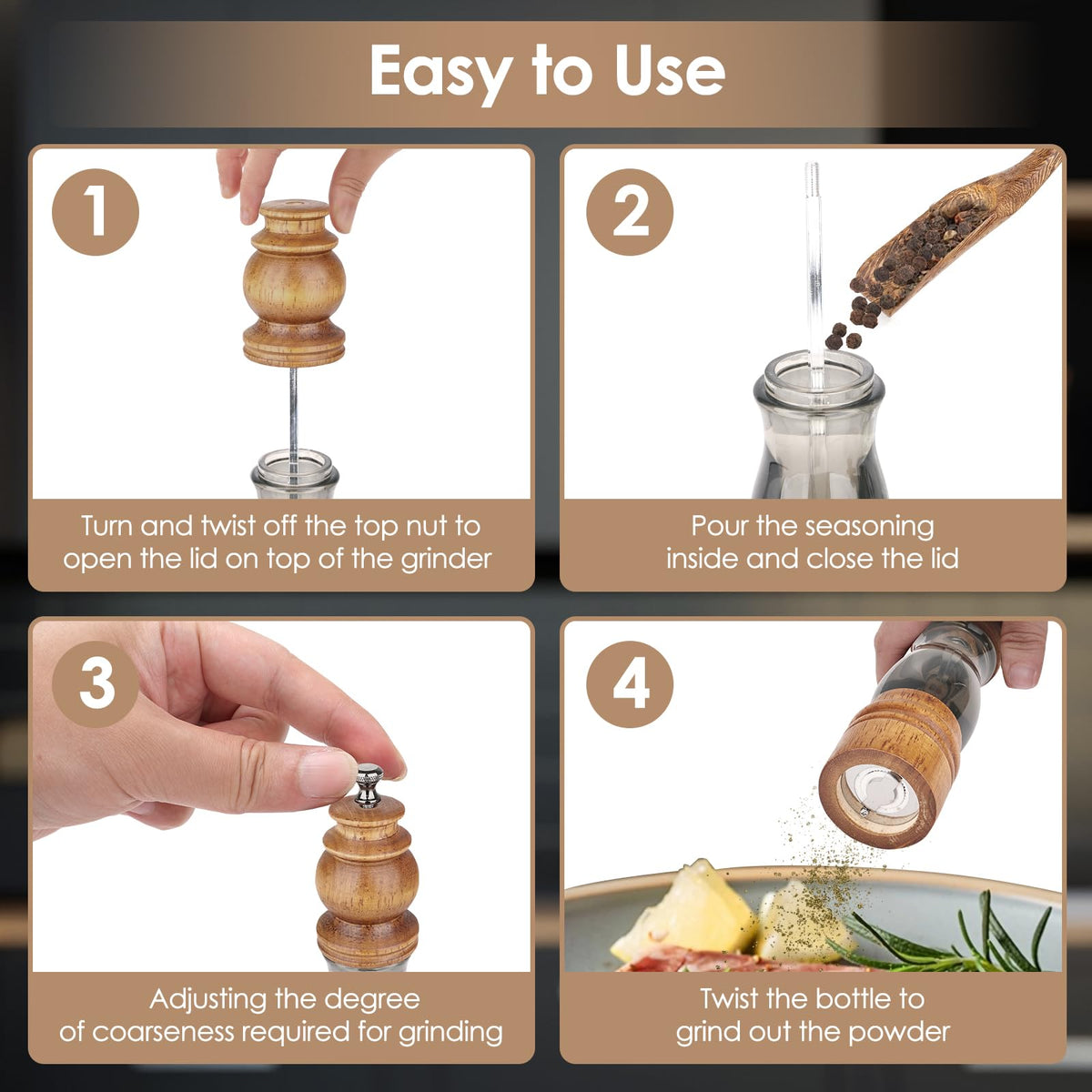 Foyucool Wooden Salt and Pepper Grinder Set with Wooden Tray and Spoon, 8 Inch Manual Salt and Pepper Mill, Adjustable Coarseness, Refillable with Ceramic Core for Spices, Clear Acrylic Chamber