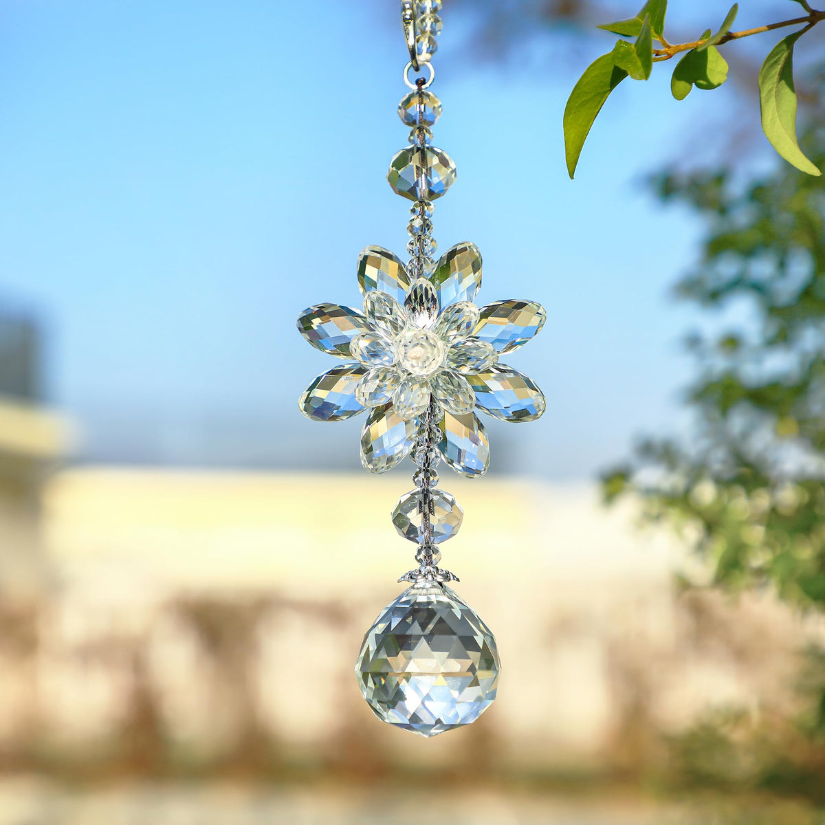 H&D HYALINE & DORA Clear Hanging Crystal Ball Prisms Flower Fengshui Ornament Suncatcher Rear View Mirror Car Charm Decor