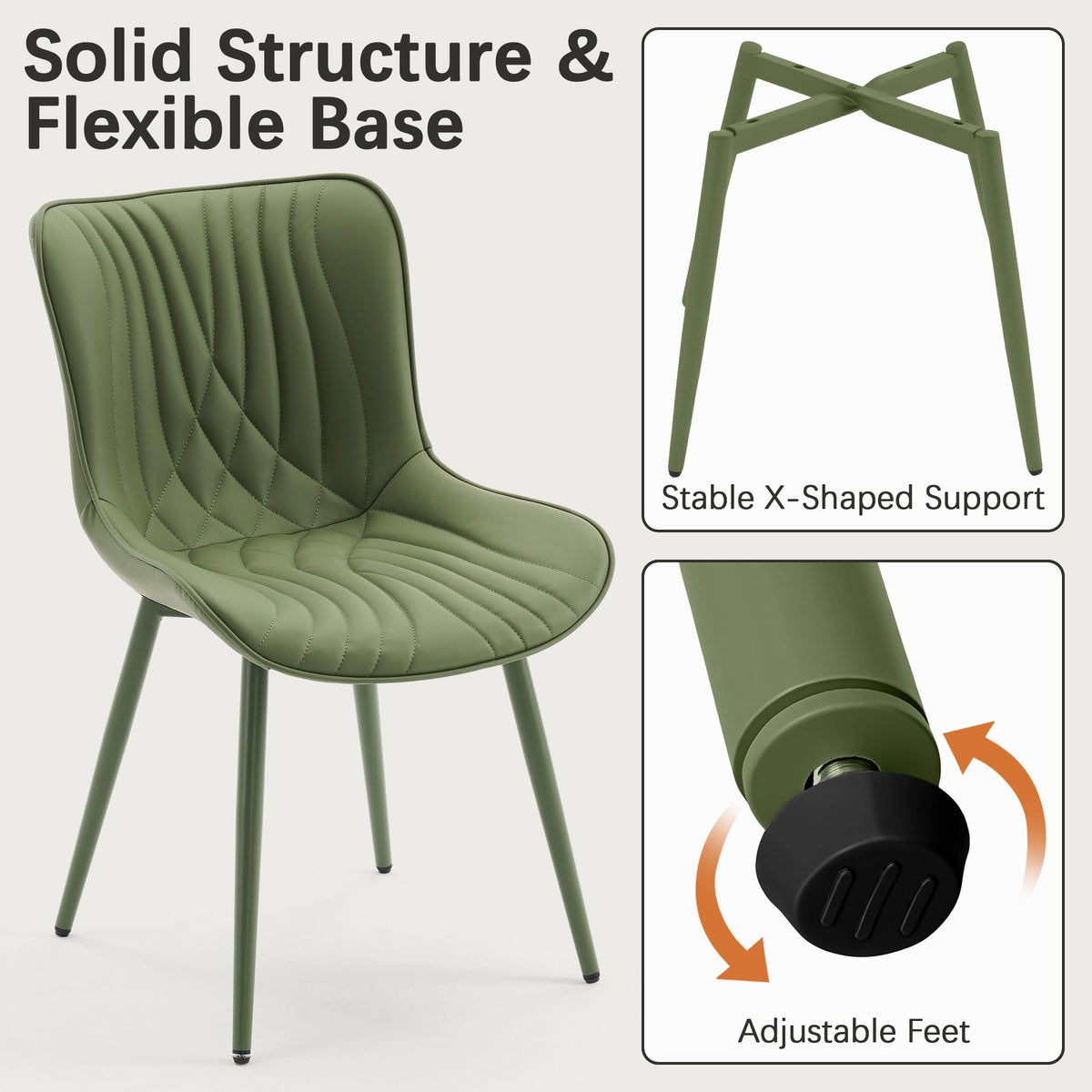 YOUTASTE Upholstered Leather Dining Chairs Set of 2 All Olive Green, Mid Century Modern Comfy Kitchen Dining Room Chair, Green Metal Legs, Armless Accent Chair for Living Room Bedroom
