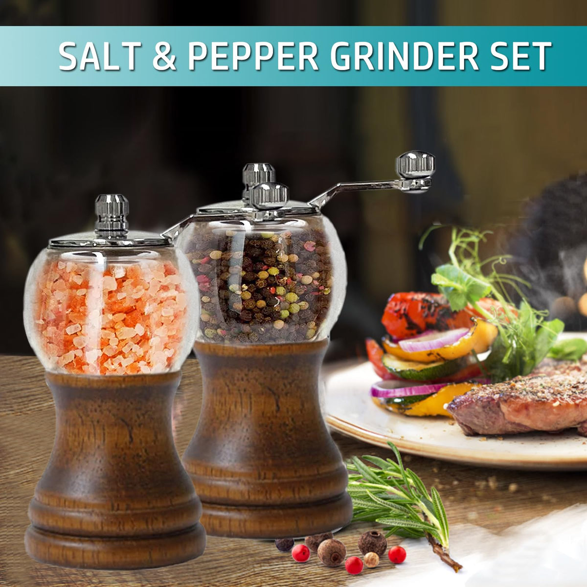 VEIZIBEE Pepper Mill Set Manual Pepper Mills Classical Hand Shake Wooden Pepper Grinder Set Salt Mills Wooden Pepper Mill Ceramic Blades Metal Handle, Enjoy Fresh Ground Pepper (Walnut color 1pcs-5in)