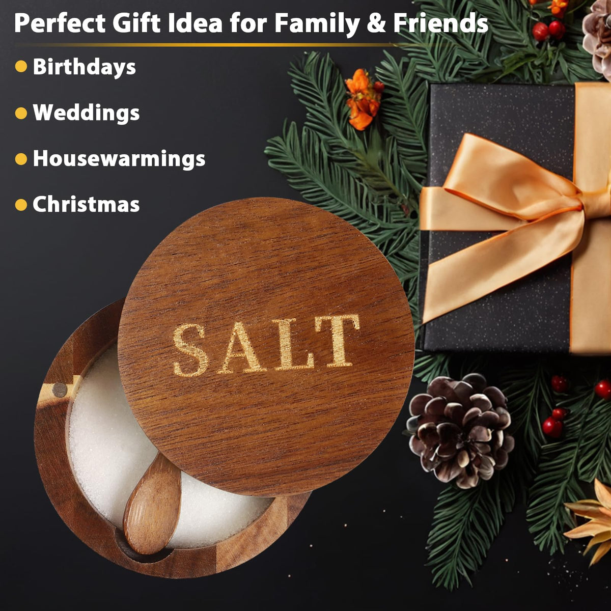 Timtopno Salt Cellar, Acacia Wood Salt Container with Built-in Spoon & Swivel Lid, Engraved SALT Box, Salt Holder Bowl for Countertop Seasoning Storage