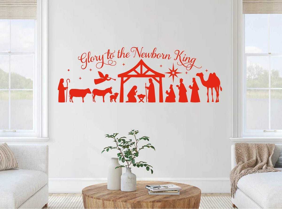 Merry Christmas Wall Stickers Glory to The Newborn King Nativity Scene DIY Christmas Holiday Decoration LL2421 (Red)