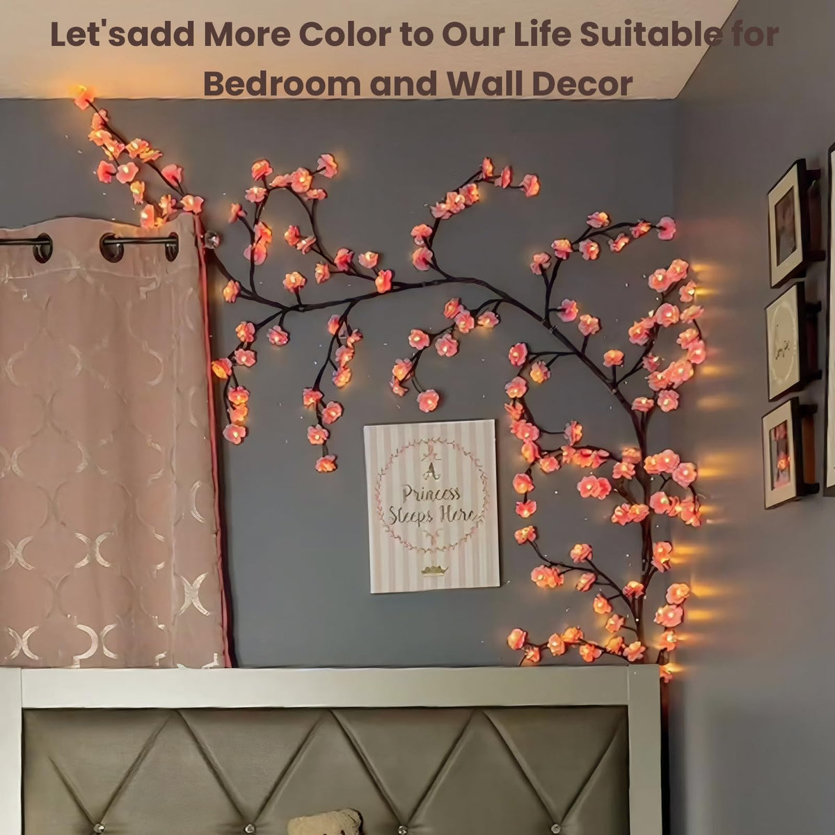 Cherry Blossom Tree Branch Lights for Wall,Cherry Enchanted Willow Vine Lights,with 144 LED and 8 Lighting Modes,Remote Timer,for Bedroom Wall Doors Windows Wedding Christmas Holiday (90inch)