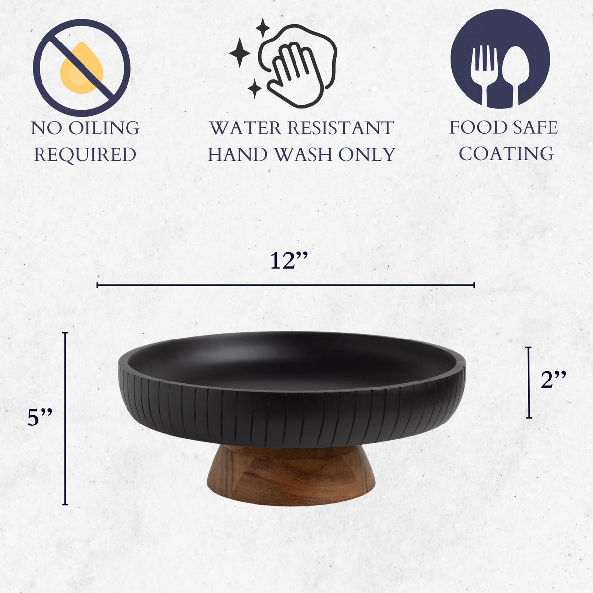 LAVAUK Mango Wood fruit bowl, Decorative black bowl with natural finish pedestal | 12" dia | Dual tone look | Use as Centerpiece for kitchen counter or dining table (Black)