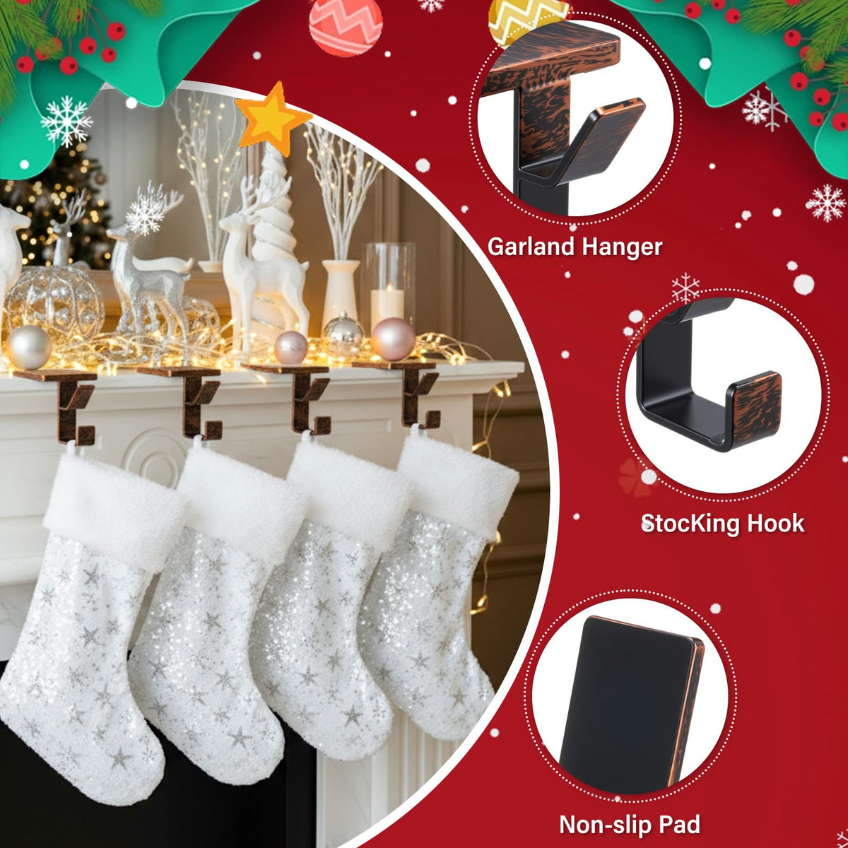 Chunful 2 Pcs 2 in 1 Fireplace Garland and Stocking Hangers Christmas Stocking Holder for Mantel Heavy Duty Metal Stocking Hanger Base for Fireplace Holiday Xmas Party Decor (Bronze)
