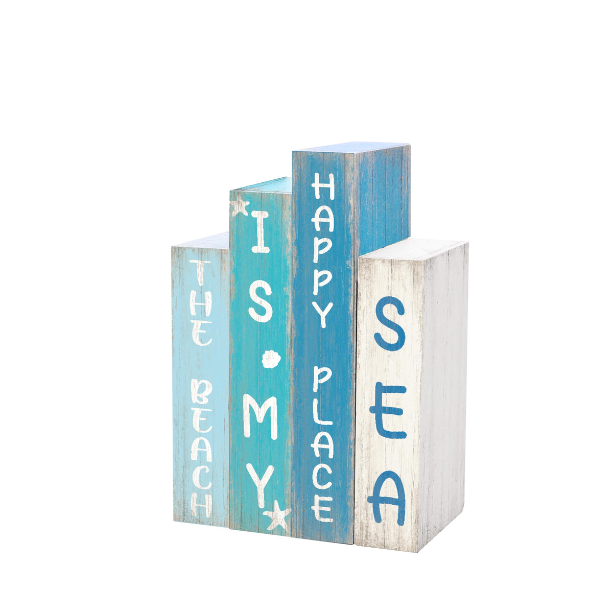 4 Pcs Beach Table Decor Ocean Rustic Wooden Book Sign Starfish Seashell Coastal Tiered Tray Decor Rustic Nautical Farmhouse Tabletop Sign Centerpieces for Summer Home Shelf Decoration