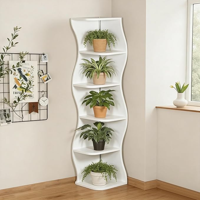 VECELO Wavy Corner Shelf with LED Light, Decorative 6-Tier Corner Display