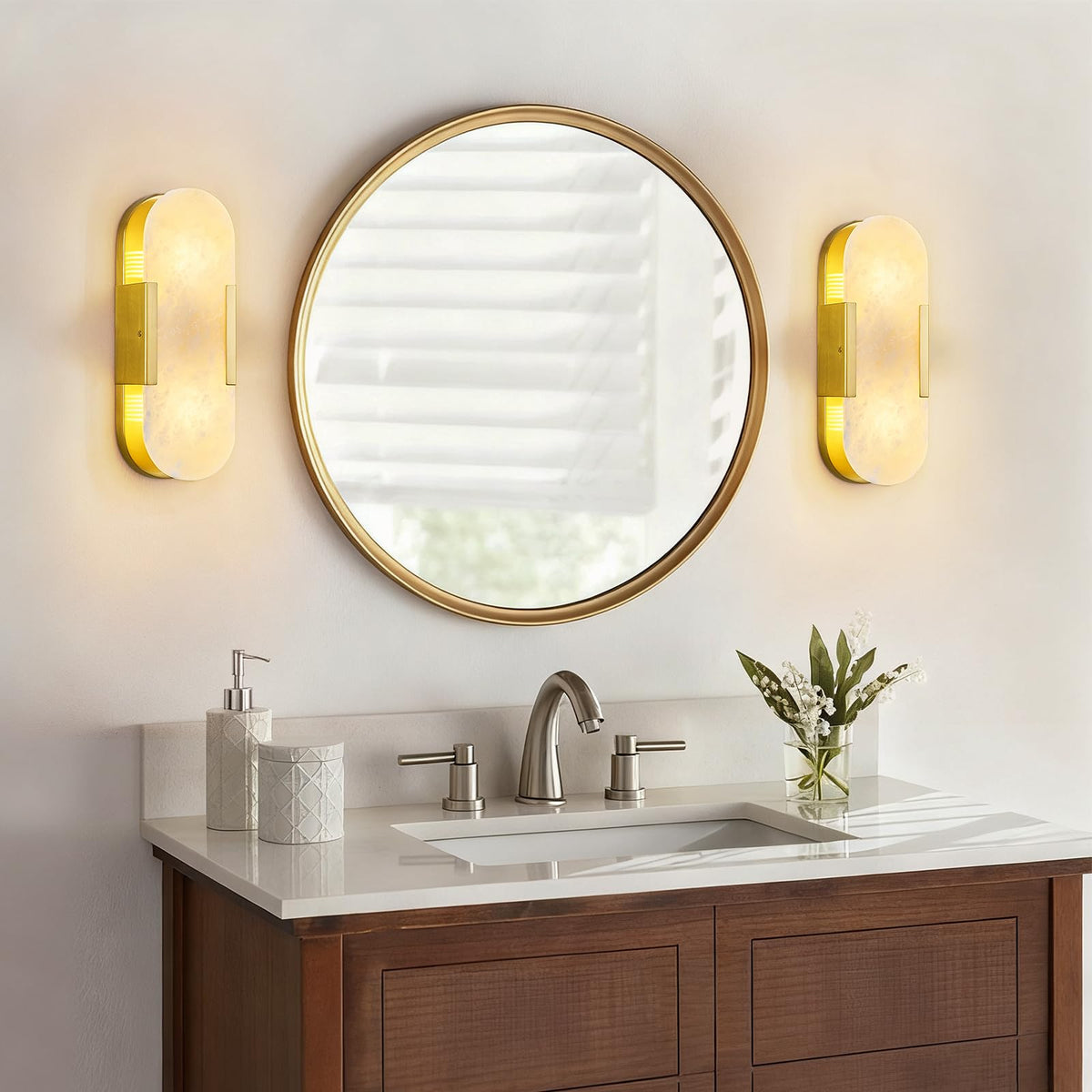 PNJXSRJH Natural Alabaster Wall Sconces, Modern Marble Gold Wall Sconce 14 inch Indoor Wall Lighting for Bedroom Bathroom Living Room Stairs (1-Pack)