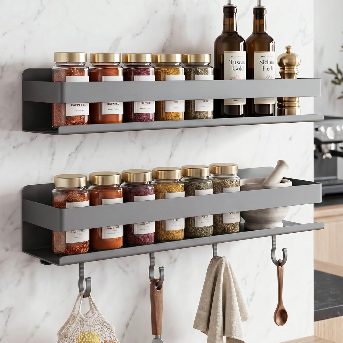 TIMBERHIDE 2-Pack Wall Mount Spice Rack,Easy to Install on the anywhere,Carbon Steel Kitchen Organizer with Hooks for Oil Salt Seasonings&Bathroom Toiletries,Grey