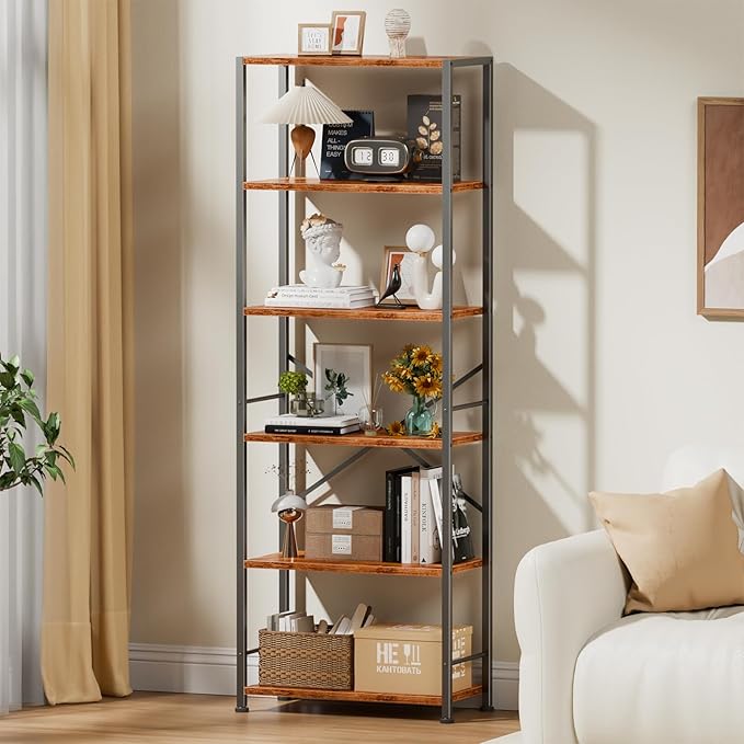 Furologee 6 Tier Book Shelf, Tall Wide Bookshelf, Industrial Open Bookcase